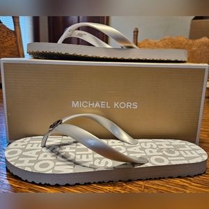 NIB, MICHAEL by Michael Kors, Silver Flip Flops, Women's Size 9